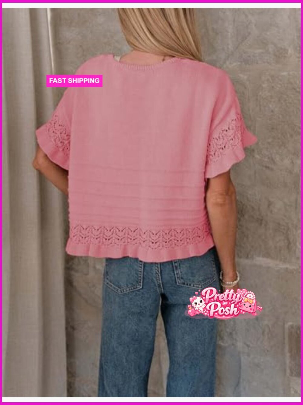 Short Sleeve Crochet Pullover Sweater with Ruffled Hem Crew Neck Summer Fall - Picture 4 of 7